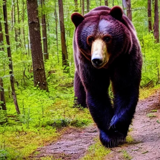 Image similar to a bear walking in the forrest. the bear is gigantic