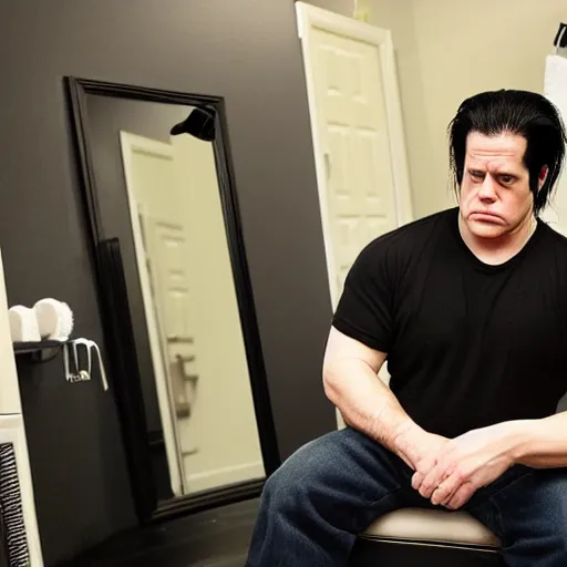 Image similar to glenn danzig sitting in front of a vanity curling his hair, high resolution,