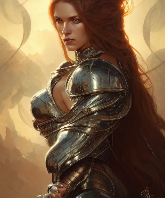 Image similar to Muscular and powerful medieval knight woman portrait, sci-fi, amber eyes, face, long hair, fantasy, intricate, elegant, highly detailed, digital painting, artstation, concept art, smooth, sharp focus, illustration, art by artgerm and greg rutkowski and alphonse mucha