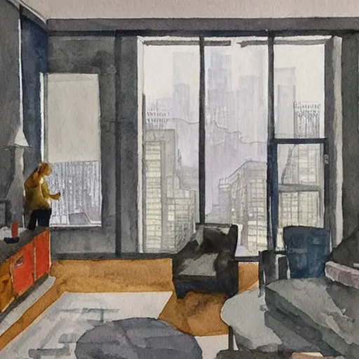 Prompt: modern loft overlooking central park in a blizzard, in watercolor gouache detailed paintings, moebius, blueprint, art nouveau