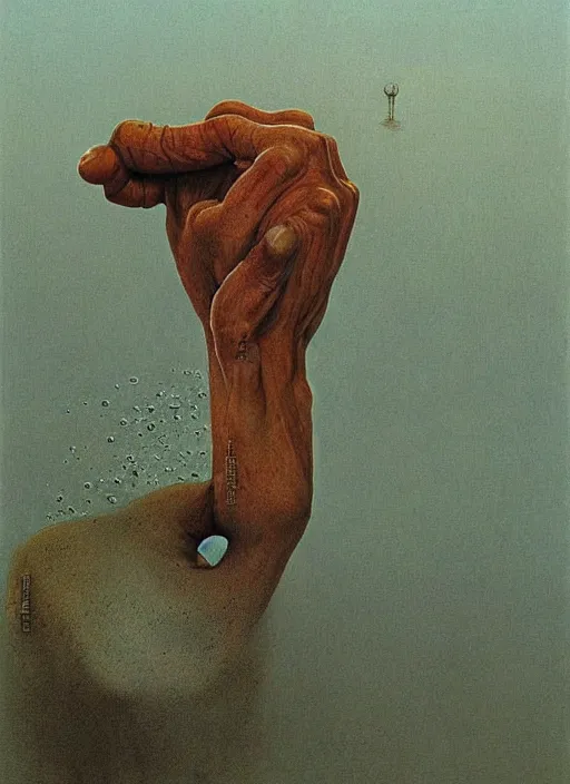 Prompt: fat fist leaking water Zdzislaw Beksinski, highly detailed