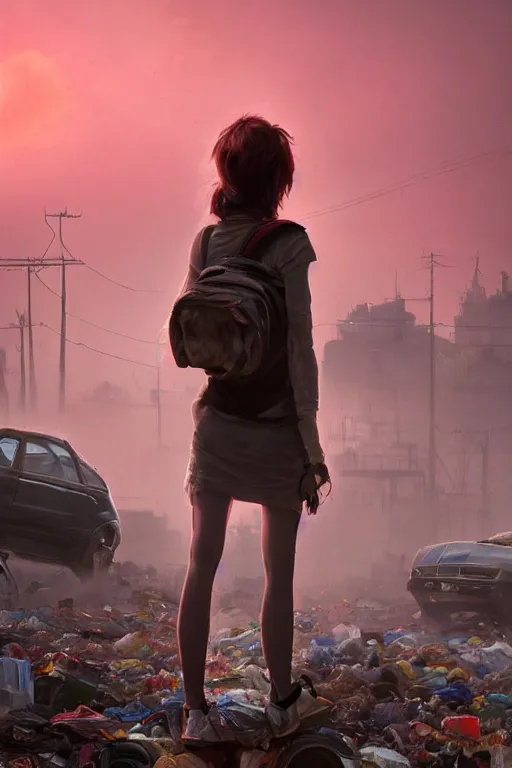 Image similar to detailed lonely girl with backpack standing at cars looking for food at garbage dump, destroyed cars, city is pure wasteland, moody sunset in background, save the planet, high details, sharp, photorealism, cinematic, greg rutkowski, alphonse mucha, trending on artstation, artgerm, unreal engine, breathtaking, award winning, highly detailed