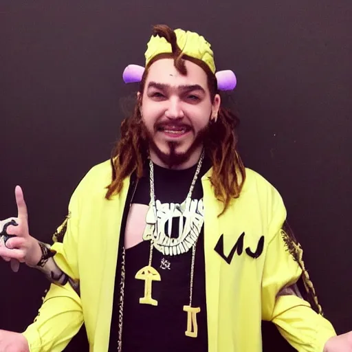 Image similar to full outfit photograph of post Malone cosplaying as astolfo,