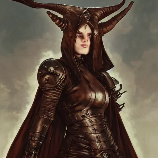 Image similar to portrait of a surly and resentful female tiefling thief with grit and small horns clothed in leather armor and a cloak, angry expression, by Greg Rutkowski and John Collier and Krenz Cushart and Artem Demura and Alphonse Mucha and Albert Aublet, as seen on ArtStation, 4k, dungeons and dragons, very aesthetic, very detailed, intricate, unreal, fantasy, dramatic, painterly, artstation, sharp focus, smooth