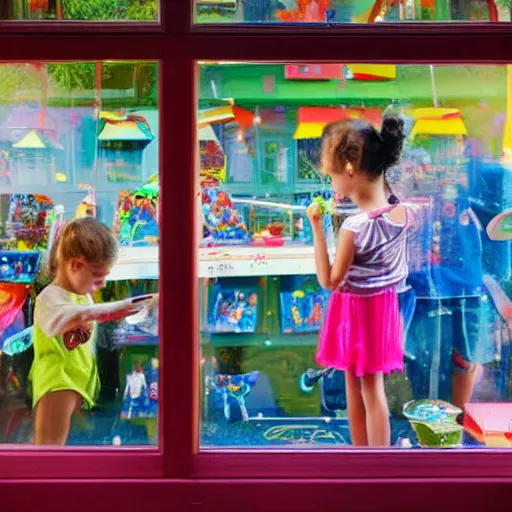 Image similar to kids peeking through a toy store's window from outside, painting