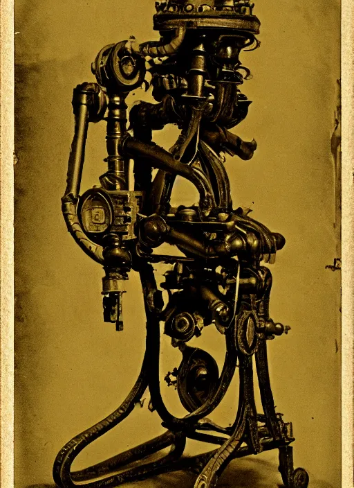 Image similar to 1 8 8 5 photo of a steampowered riveted glados from portal 2, daguerrotype, high quality