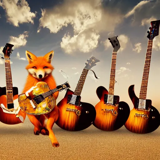 Prompt: photorealistic music album cover, with foxes animals dressed in suits, holding guitars, on a beach, all looking at camera, studio lighting, award winning photograph, 8 5 mm f / 1. 4