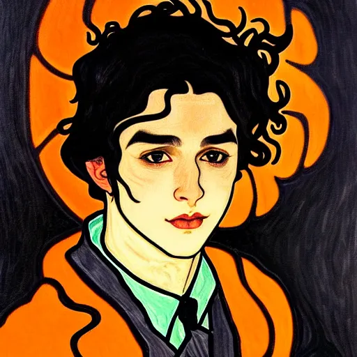 Image similar to painting of young cute handsome beautiful dark medium wavy hair man in his 2 0 s named shadow taehyung at the halloween pumpkin jack o'lantern party, depressed, melancholy, autumn, japan, elegant, clear, painting, stylized, delicate, soft facial features, delicate facial features, soft art, art by alphonse mucha, vincent van gogh, egon schiele