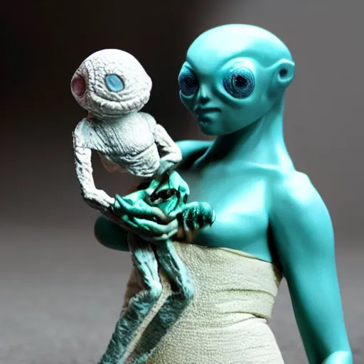 Prompt: Miniature of A woman stand next to an alien.