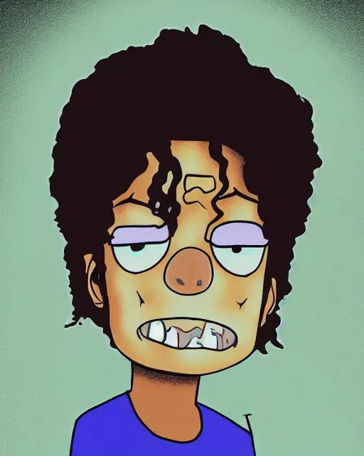 Image similar to portrait of michael jackson in the style of justin roiland. cinematic lighting. style of rick & morty. photographic, photography. by justin roiland