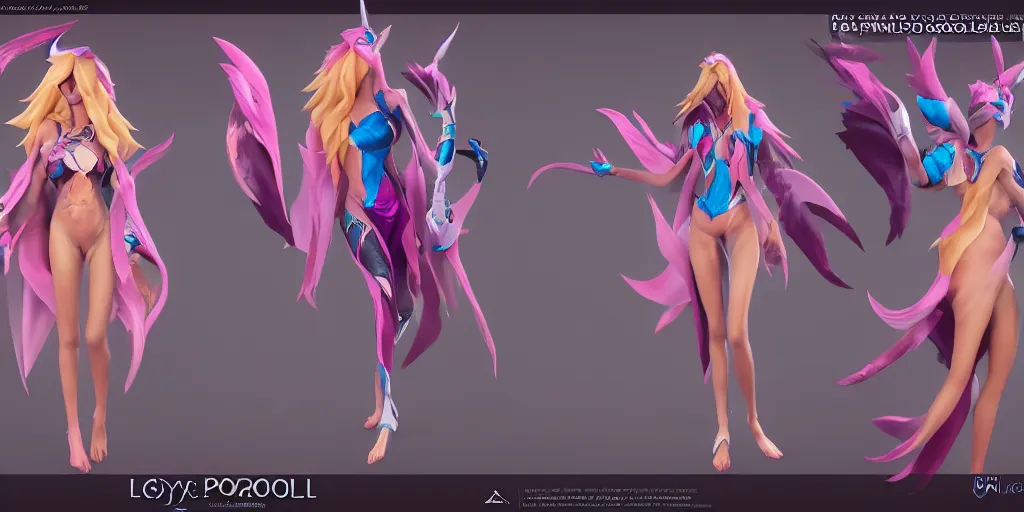 Image similar to Character sheet of gorgeous pool party xayah (League of Legends). 3d octane render trending on artstation