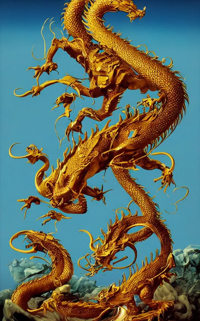 Prompt: golden dragon, epic, legendary, cinematic composition, stunning atmosphere by james jean by roger dean by lee madgewick