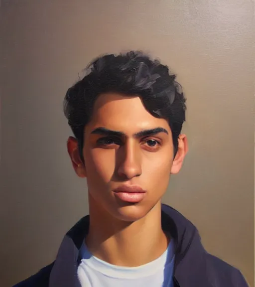 Image similar to oil painting by ilya kuvshinov, baugh casey, rhads, coby whitmore, of a persian - indian college student, fair olive skin, refined features, high cheekbones, handsome, curly black hair, outdoors, highly detailed, breathtaking face, studio photography, dawn, intense subsurface scattering, blush, supple look, innocence, intense sunlight