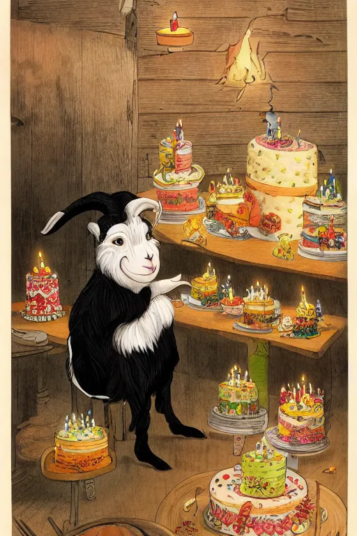 Prompt: a goat with a white beard, sitting in front of a birthday cake with many lit candles, children's book illustration by ben von strawn, highly detailed