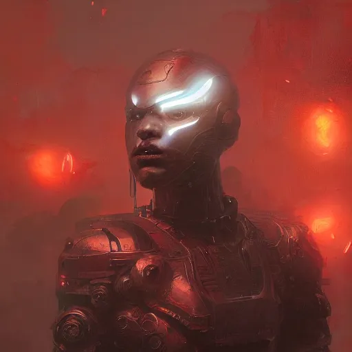 Image similar to cyborg warrior, red eyes, intricate, detailed, volumetric lighting, scenery, digital painting, highly detailed, artstation, sharp focus, illustration, concept art, ruan jia, greg rutkowski