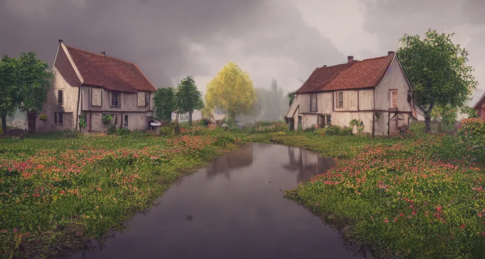 Image similar to a small village in the countryside on a rainy, reflections flowers, trees, colourful wooden houses, Scandinavian style, trending on artstation, octane render, highly detailed, 70mm, cinematic, atmospheric, cute