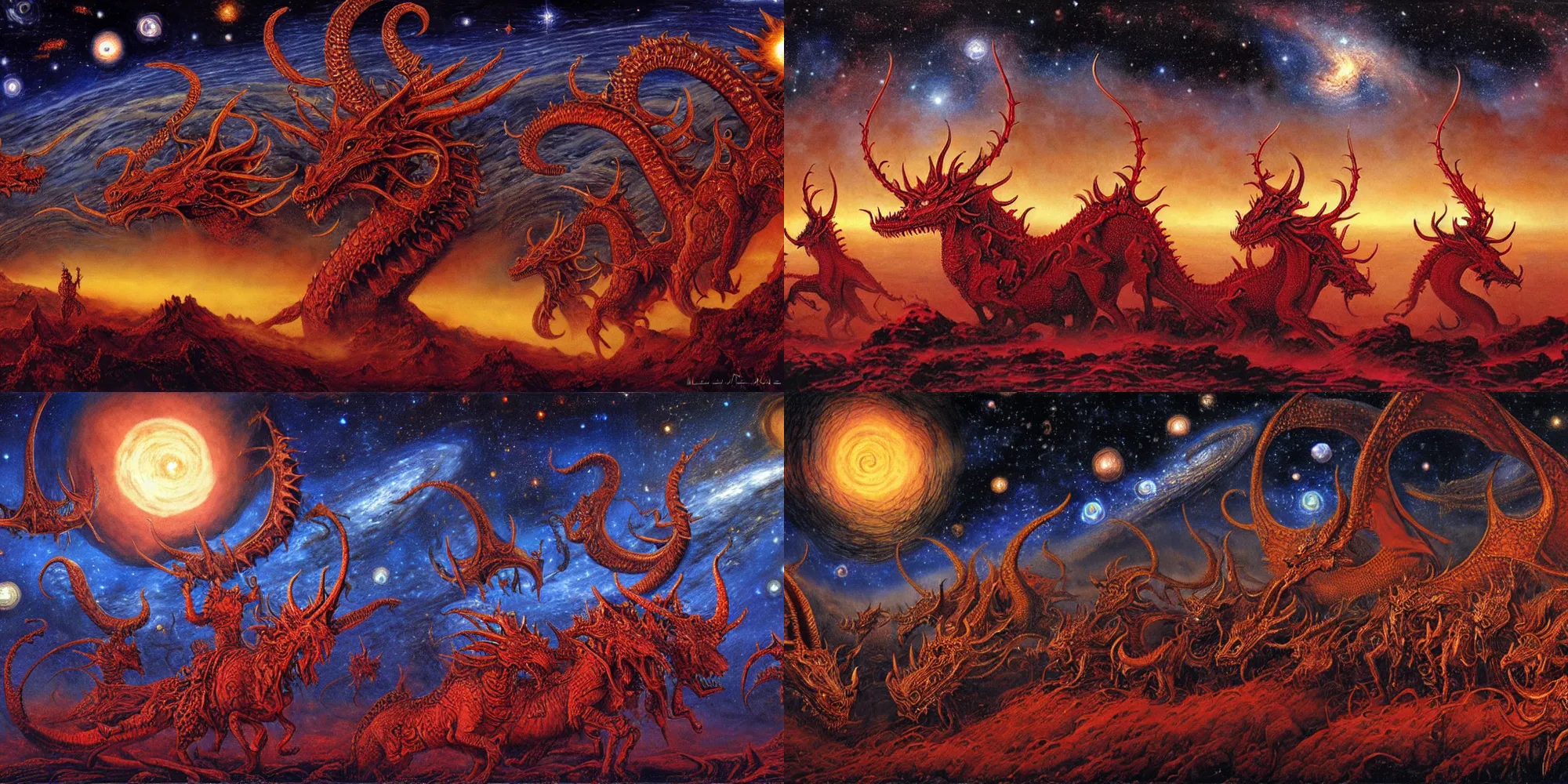 Prompt: diadems, crowns, on a ten horned beast with seven heads, fiery red, detailed, intricate, matte painting by Les Edwards, Jim Burns and Michael Whelan, in background starry night sky and distant earth, milky way, dragon tail