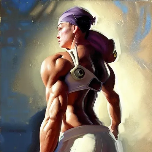 Image similar to greg manchess portrait painting of confident keira knightley as beautiful thick female bodybuilder zarya from overwatch, medium shot, asymmetrical, profile picture, organic painting, sunny day, matte painting, bold shapes, hard edges, street art, trending on artstation, by huang guangjian and gil elvgren and sachin teng