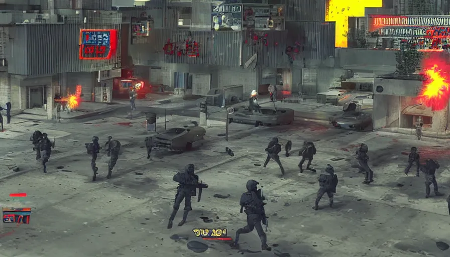 Image similar to 1988 Video Game Screenshot, Anime Neo-tokyo Cyborg bank robbers vs police, Set inside of the Bank, Open Vault, Multiplayer set-piece, Tactical Squads :9, Police officers under heavy fire, Police Calling for back up, Bullet Holes and Realistic Blood Splatter, :6 Gas Grenades, Riot Shields, Large Caliber Sniper Fire, Chaos, Metal Gear Solid Anime Cyberpunk, Akira Anime Cyberpunk, Anime Bullet VFX, Anime Machine Gun Fire, Violent Action, Sakuga Gunplay, Shootout, :7 Inspired by Escape From Tarkov :6, Intruder + Akira :12 by Katsuhiro Otomo: 19, 🕹️ 😎 🔫 🤖 🚬