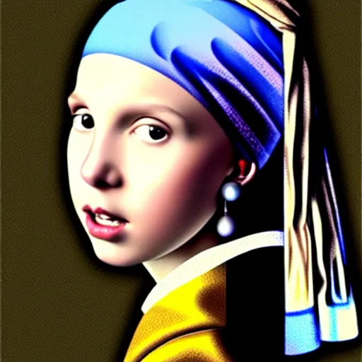 Image similar to Millie Bobby Brown with the pearl earring by Johannes Vermeer