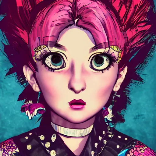 Image similar to punk little girl, profile picture, vintage fashion, highly detailed, reflection, 8 k, realistic artwork, hd, inspired by jojo bizarre adventure, 9 0 s anime art style