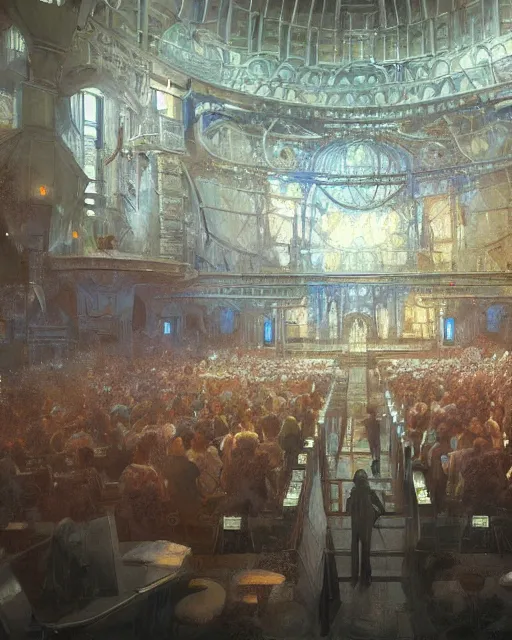 Prompt: craig mullins and ghibli digital matte art of a crowd in a futuristic church, strong lines, priest, pews, inviting, unreal engine, hyper realism, realistic shading, cinematic composition, realistic render, octane render, detailed textures, photorealistic, wide shot