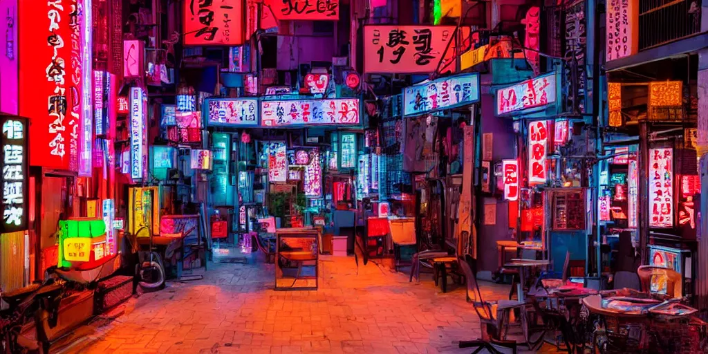 Prompt: living room designed to look like a tokyo alley at night, with neon signs, photography