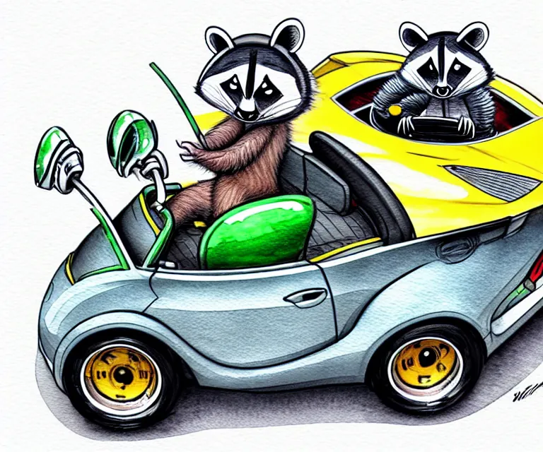 Prompt: cute and funny, racoon wearing a helmet riding in a tiny 2 0 2 0 lamborghini huracan sto, ratfink style by ed roth, centered award winning watercolor pen illustration, isometric illustration by chihiro iwasaki, edited by range murata