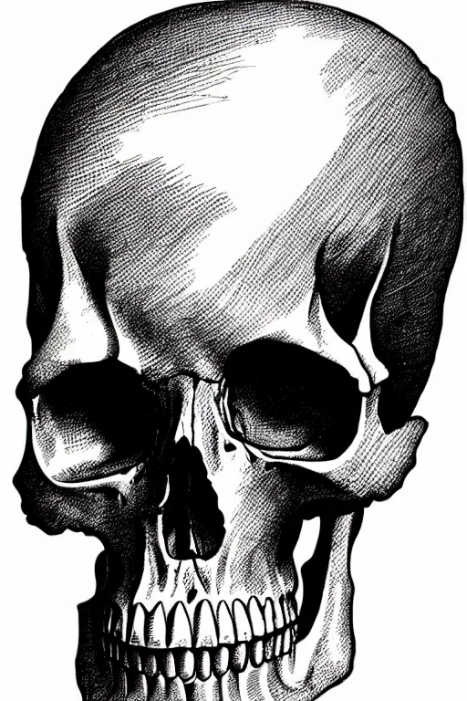 Prompt: one photo realistic skull on a stack of ancient books, art by albrecht durer and piranesi, black ink sketch, black and white, vector, vector art