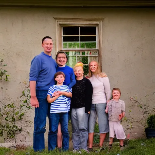 Image similar to family photograph in front of an old house, a ghostly face is visible in one of the windows