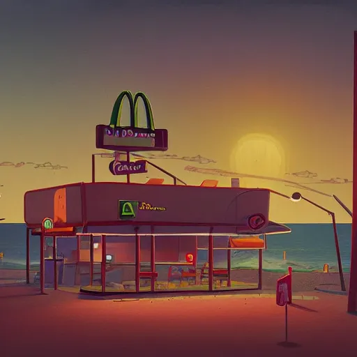 Image similar to mcdonald's restaurant by the beach by simon stalenhag