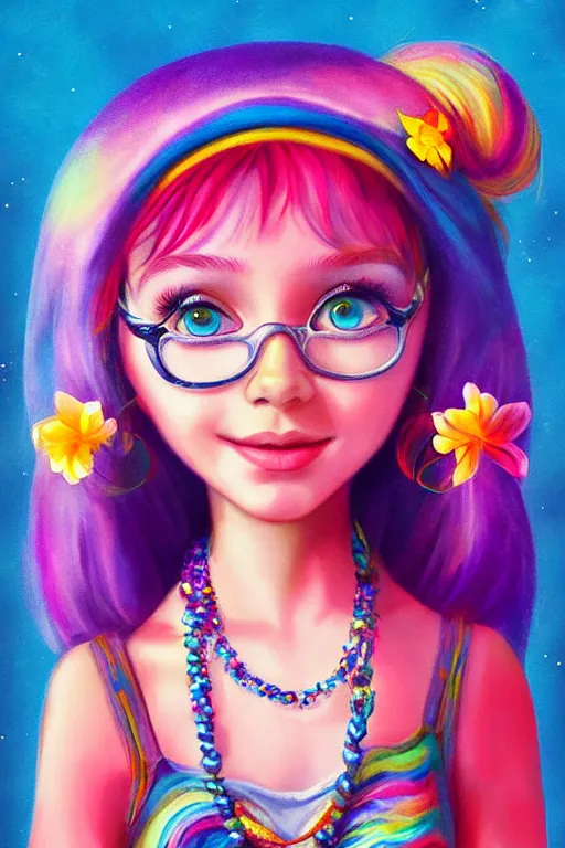 Image similar to matte sharp painting cute little girl hippy denim bellbottom bead necklace, painted by mark rydel artstation behance storybook lisa frank