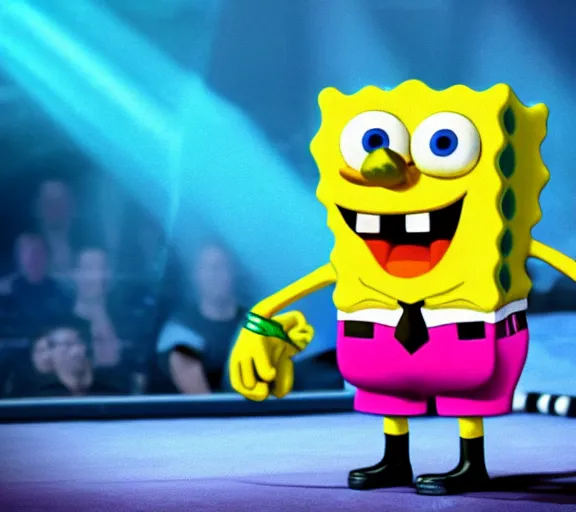 Image similar to spongebob squarepants as an mma fighter, in the ring for a big fight, wide shot, 3 d, hyperrealistic, rendered in octane