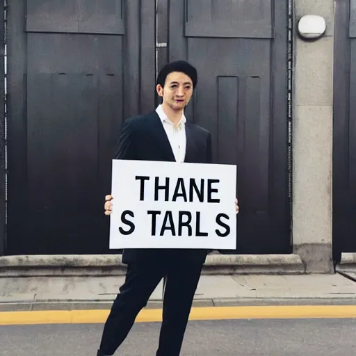 Prompt: a man wearing suite holding sign with text Thank you Stable Diffusion