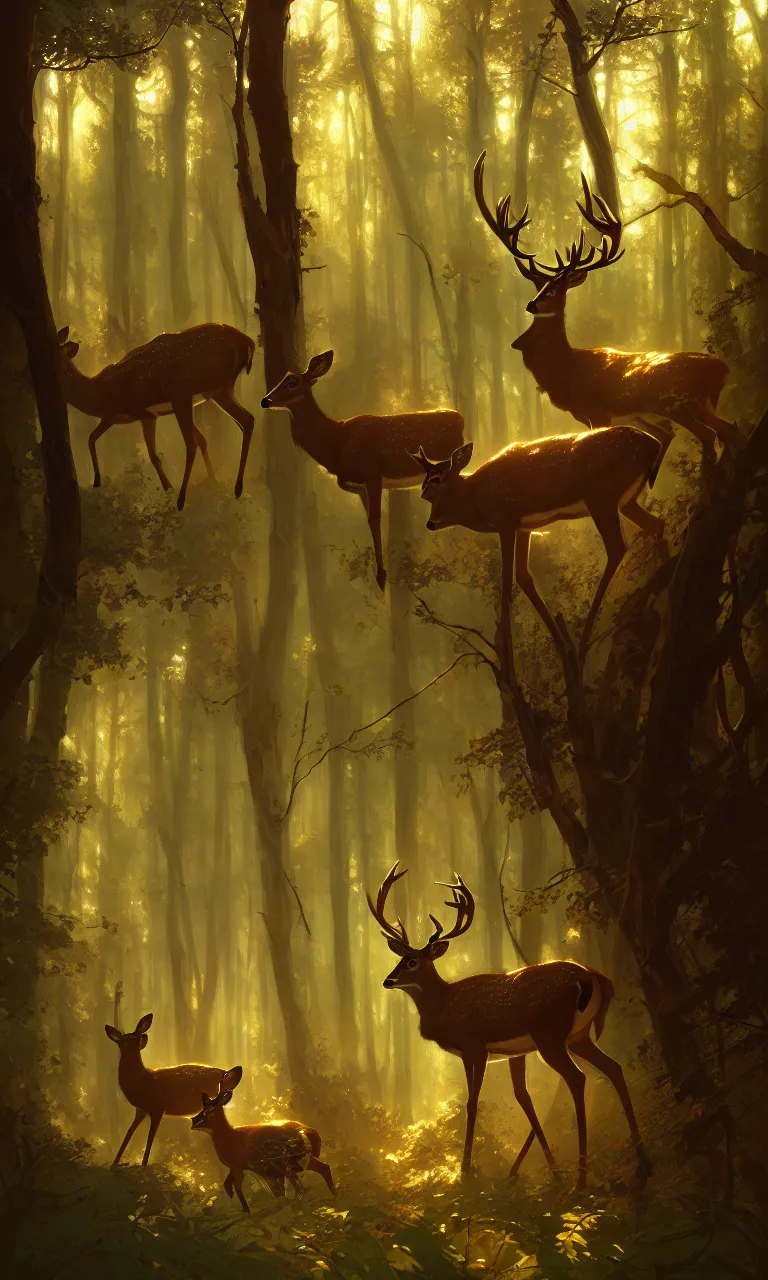 Image similar to Deer in Sherwood Forest, full frame, highly detailed, digital painting, artstation, concept art, smooth, sharp focus, illustration, art greg rutkowski and alphonse mucha