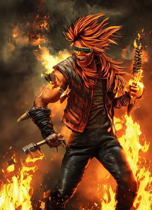 Image similar to An epic fantasy comic book style portrait painting of young man with red spiked long hair, using an orange lens googles. Wearing white shirt, a black waistcoat, brown pants and black boots. He is throwing a wild fire blast from his hands, with a vicious smile in face. Unreal 5, DAZ, hyperrealistic, octane render, cosplay, RPG portrait, dynamic lighting