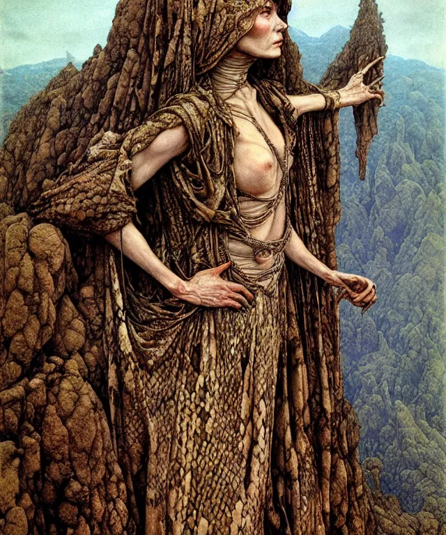 Image similar to A detailed snakewoman stands among the hills. Wearing a ripped mantle, robe. Perfect faces, extremely high details, realistic, fantasy art, solo, masterpiece, art by Zdzisław Beksiński, Arthur Rackham, Dariusz Zawadzki