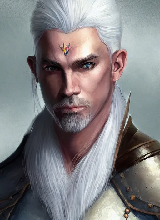 Image similar to man with white hair and white goatee, dndbeyond, bright, colourful, realistic, dnd character portrait, full body, pathfinder, pinterest, art by ralph horsley, dnd, rpg, lotr game design fanart by concept art, behance hd, artstation, deviantart, hdr render in unreal engine 5