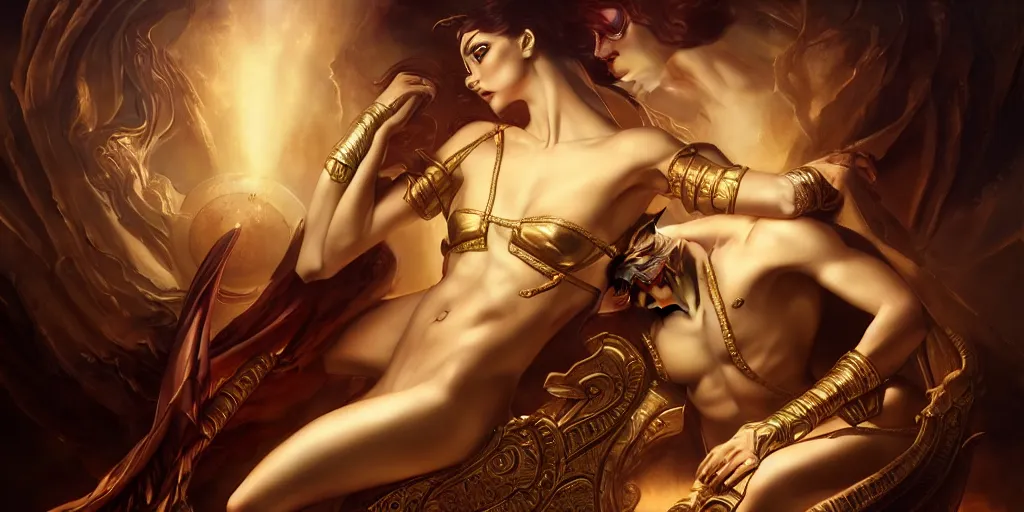 Prompt: Egyptian mythology, by Rolf Armstrong and Evelyn De Morgan and Bastien Lecouffe-Deharme, dramatic lighting, high contrast colors, baroque, empyrean, panoramic view, as trending on Artstation, highly detailed, doom engine,