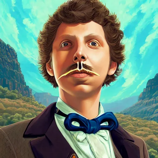 Prompt: a detailed portrait of michael cera as an old west villain, long twirling moustache, by dan mumford, yusuke murata, makoto shinkai, ross tran, cosmic, heavenly, god rays, intricate detail, cinematic, 8 k, cel shaded, unreal engine, featured on artstation, pixiv