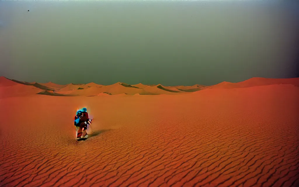 Prompt: in a dusty red desert, a team of five swat future soldiers in dark green tactical gear like death stranding hike. A thunderstorm rains in the distance. They 're afraid. mid day, heat shimmering, color, 35mm film photography, lawrence of arabia