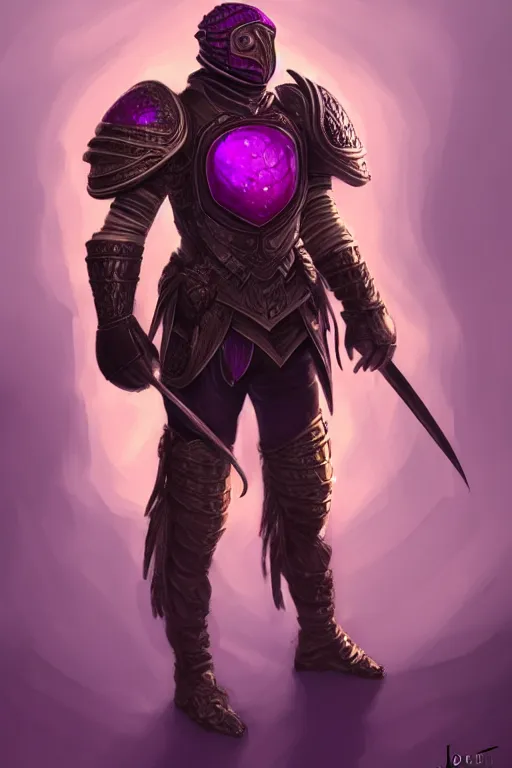 Prompt: male fighter wearing a full plate armor, a giant purple worm is visible in the back, fantasy, intricate, elegant, highly detailed, digital painting, artstation, concept art, smooth, sharp focus, illustration, art by Jovan Delic