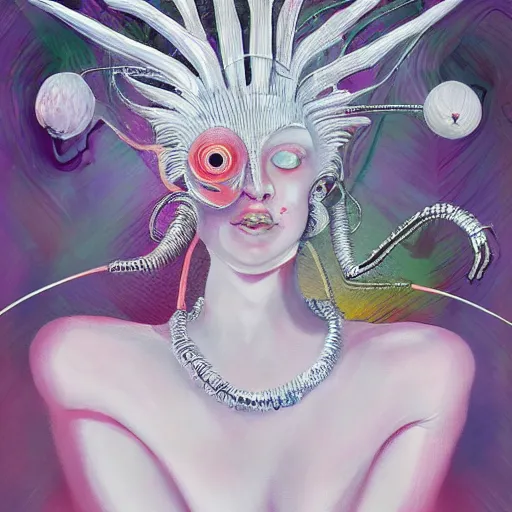 Prompt: beautiful painting of a white arthropod goddess with silver linings, coral mutations and melting jewelry in the style of Francis Bacon and Jesse Kanda. Digital art, detailed, trending on Artstation