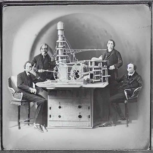 Image similar to daguerreotype of scientists building a spaceship