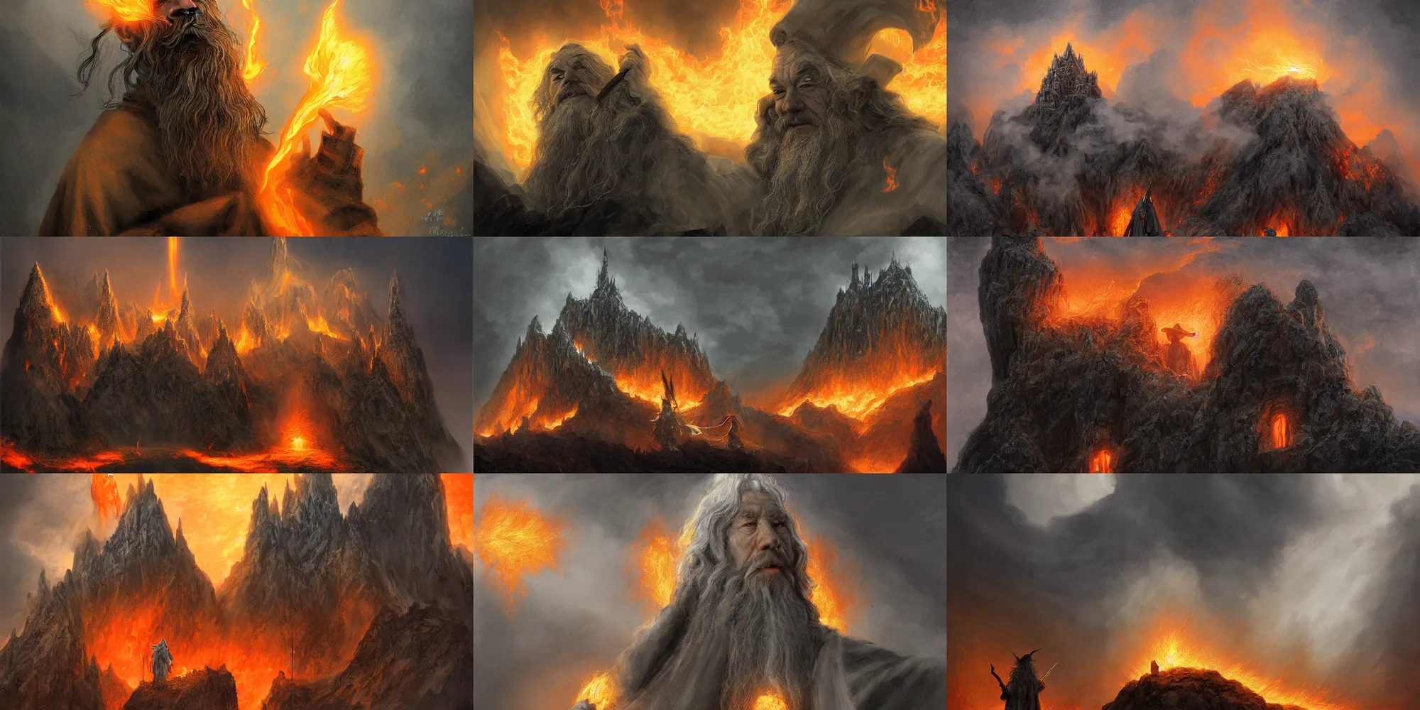 Prompt: gandalf! side - lit by a billowing cloud of blinding orange flame and pitch black smoke by alan lee, intricate, detailed, dwarven stonework, panoramic, digital painting, artstation