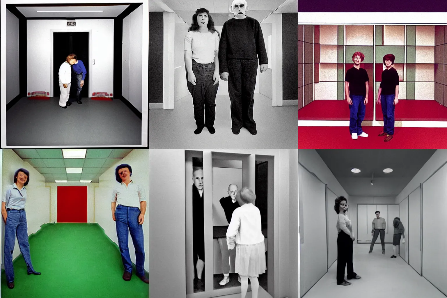 Prompt: Ames Room optical illusion photograph where one person looks big and the other person looks small