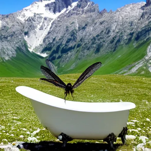 Prompt: dragonfly in a bathtub in the alps, big goat in the background