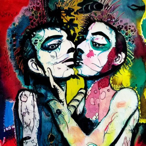 Prompt: watercolor painting of two bizarre psychedelic goth women kissing each other closeup in a aquarium in japan, speculative evolution, mixed media collage by basquiat and jackson pollock, maximalist magazine collage art, sapphic art, lesbian art, chemically damaged