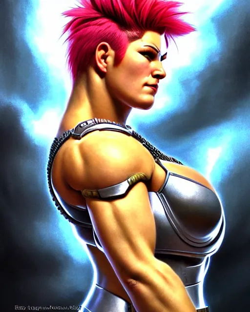 Prompt: zarya from overwatch, character portrait, portrait, close up, highly detailed, intricate detail, amazing detail, sharp focus, vintage fantasy art, vintage sci - fi art, radiant light, caustics, by boris vallejo