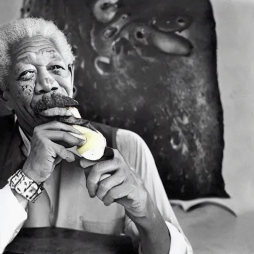 Image similar to morgan freeman eating a big banana by salvador dali